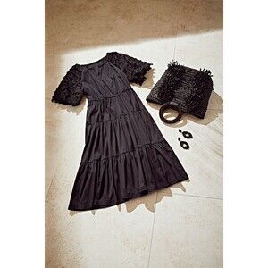 Chico's Womens Black Poplin Fringe Midi Dress Size 1 US 8 Boho Puff Sleeve